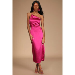 Lulus Call Me Confident Magenta Satin One-shoulder Lace-up Midi Dress Pink